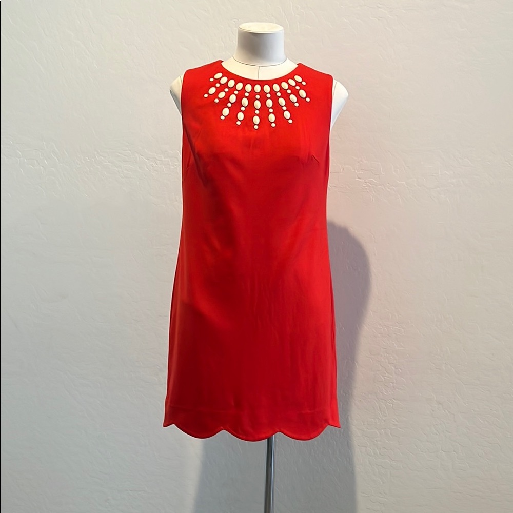 Cynthia Steffe women's sz 4 Red Sheath Dress Rhinestone Scalloped Hem